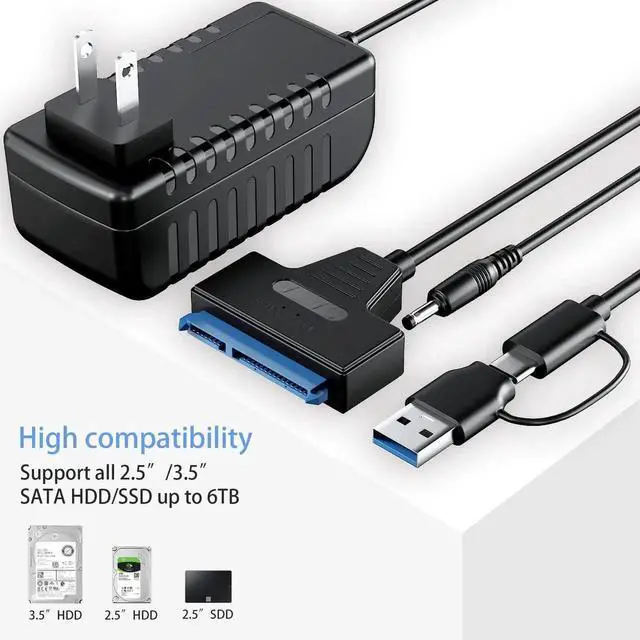 Alt view image 3 of 6 - WRIARICH SATA to USB 3.0 & USB-C Dual Interface Hard Drive Adapter Cable, External Storage Converter for 2.5"/3.5" SSD/HDD, Equipped with 12V/2A Power Supply Adapter