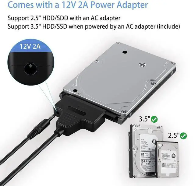 Alt view image 6 of 6 - WRIARICH SATA to USB 3.0 & USB-C Dual Interface Hard Drive Adapter Cable, External Storage Converter for 2.5"/3.5" SSD/HDD, Equipped with 12V/2A Power Supply Adapter