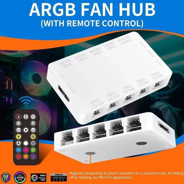 Alt view image 6 of 6 - WRIARICH White 10-Port ARGB PWM Fan Hub, 5V 3Pin + 4Pin Fan Splitter, Magnetic Mount, SATA Powered, RF Remote & Chassis Button Control for PC Case Fans
