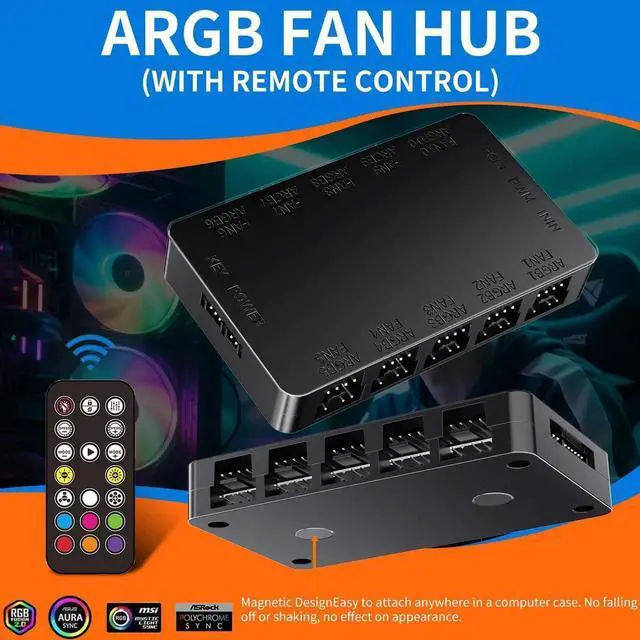 Alt view image 4 of 6 - WRIARICH Black 10-Port ARGB PWM Fan Hub, 5V 3-Pin + 4-Pin Fan Splitter, Magnetic Mount, SATA Powered, RF Remote & Case Button Control for PC Case Fans