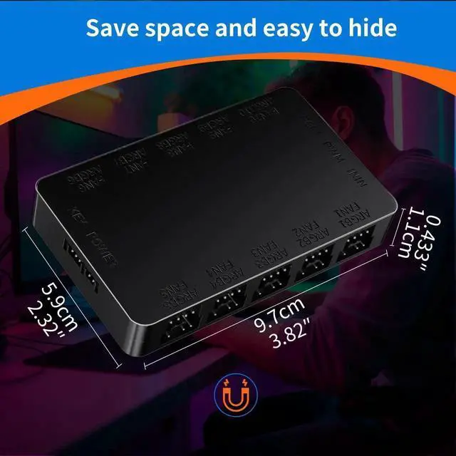 Alt view image 5 of 6 - WRIARICH Black 10-Port ARGB PWM Fan Hub, 5V 3-Pin + 4-Pin Fan Splitter, Magnetic Mount, SATA Powered, RF Remote & Case Button Control for PC Case Fans