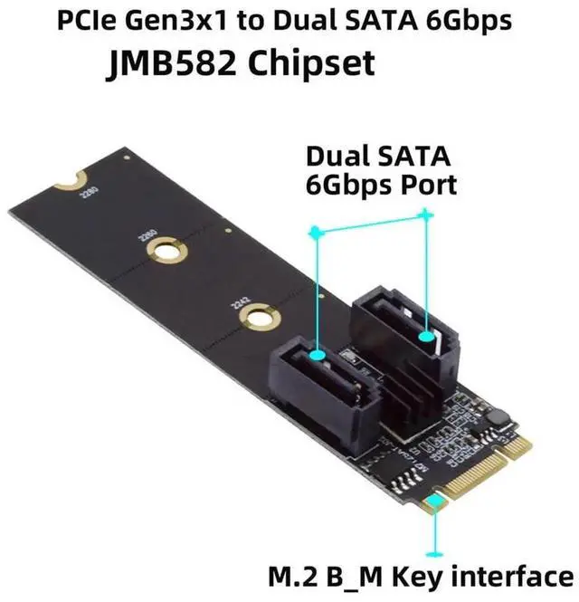 Alt view image 4 of 7 - WRIARICH JMB582 M.2 B+M Key PCIe to Dual SATA 3.0 6Gbps Vertical Adapter, Fits 2230/2242/2260/2280 SSD Slots