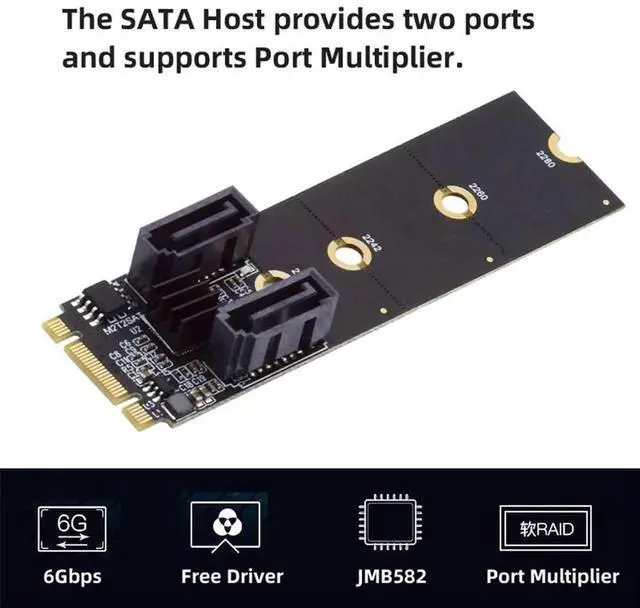 Alt view image 3 of 7 - WRIARICH JMB582 M.2 B+M Key PCIe to Dual SATA 3.0 6Gbps Vertical Adapter, Fits 2230/2242/2260/2280 SSD Slots