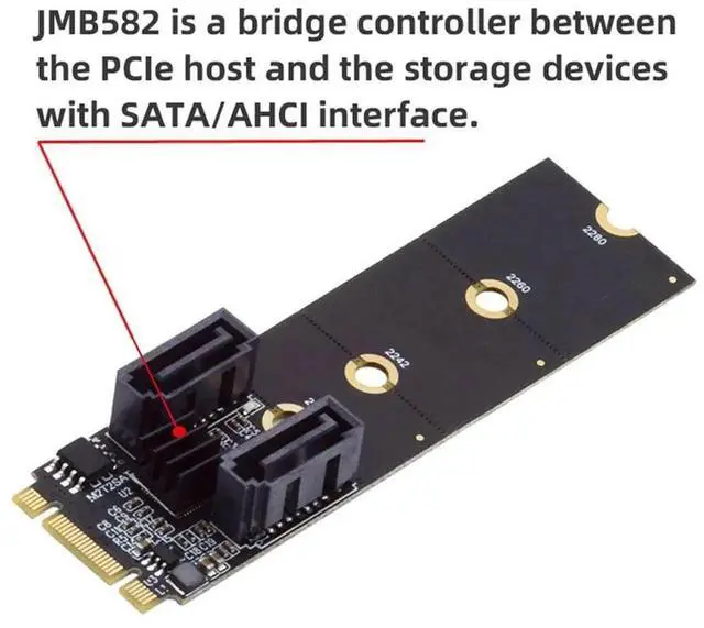 Alt view image 7 of 7 - WRIARICH JMB582 M.2 B+M Key PCIe to Dual SATA 3.0 6Gbps Vertical Adapter, Fits 2230/2242/2260/2280 SSD Slots