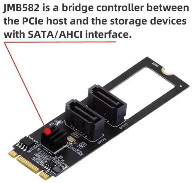 Alt view image 2 of 7 - WRIARICH JMB582 M.2 B+M Key PCIe to Dual SATA 3.0 6Gbps Vertical Storage Adapter, Only for 2280 M.2 Slots
