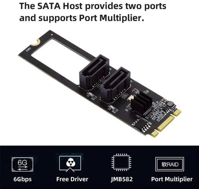 Alt view image 4 of 7 - WRIARICH JMB582 M.2 B+M Key PCIe to Dual SATA 3.0 6Gbps Vertical Storage Adapter, Only for 2280 M.2 Slots