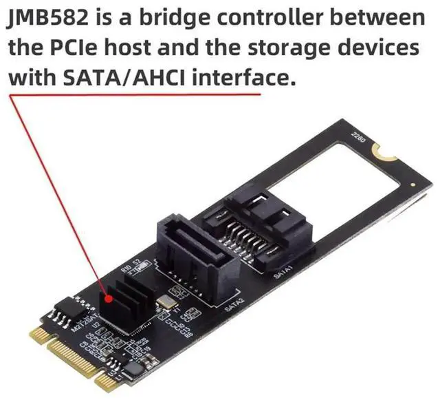 Alt view image 7 of 7 - WRIARICH JMB582 M.2 B+M Key PCIe to Dual SATA3 6Gbps Adapter Card, Vertical & Horizontal Mount for 2280 SSD