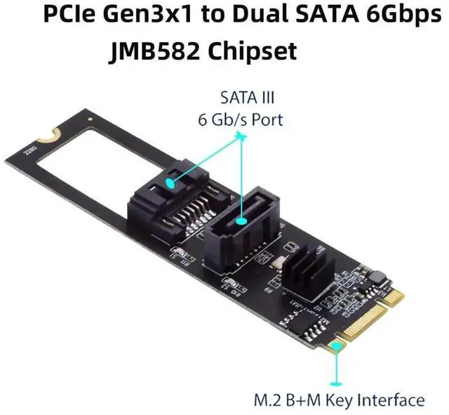 Alt view image 5 of 7 - WRIARICH JMB582 M.2 B+M Key PCIe to Dual SATA3 6Gbps Adapter Card, Vertical & Horizontal Mount for 2280 SSD