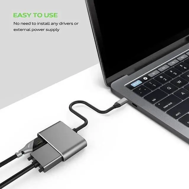 Alt view image 2 of 4 - WRIARICH 2 in 1 USB3.1 Type-C to HDMI VGA Adapter, 4K UHD Dual Display Converter Compatible with Thunderbolt 3, Grey Multiport Video Adapter for MacBook Pro, Chromebook, HP Laptops