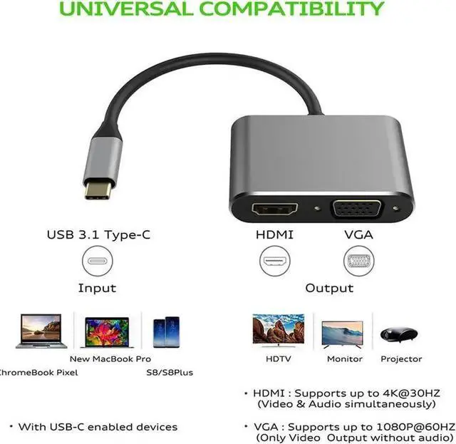 Alt view image 4 of 4 - WRIARICH 2 in 1 USB3.1 Type-C to HDMI VGA Adapter, 4K UHD Dual Display Converter Compatible with Thunderbolt 3, Grey Multiport Video Adapter for MacBook Pro, Chromebook, HP Laptops