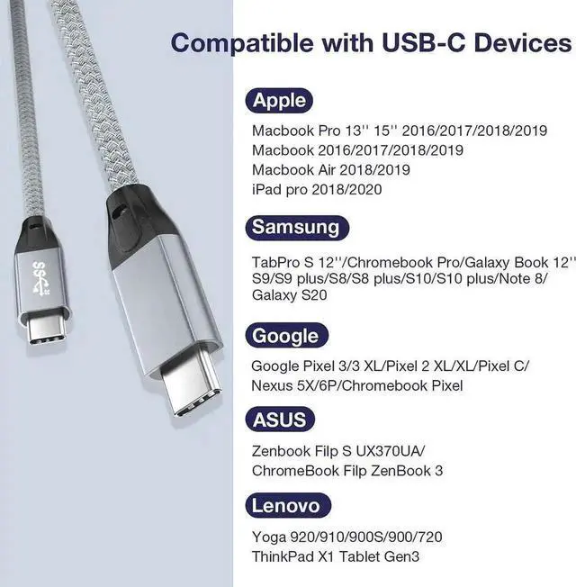 Alt view image 2 of 7 - 3.3FT/1M USB-C to USB-C Cable, USB 3.2 Gen 2X2 100W Charging 20Gbps Data 4K@60Hz Video Cord with E-Marker, Compatible with Thunderbolt 3/4, MacBook, iMac, Dell XPS, iPad Pro, Galaxy S21, Switch