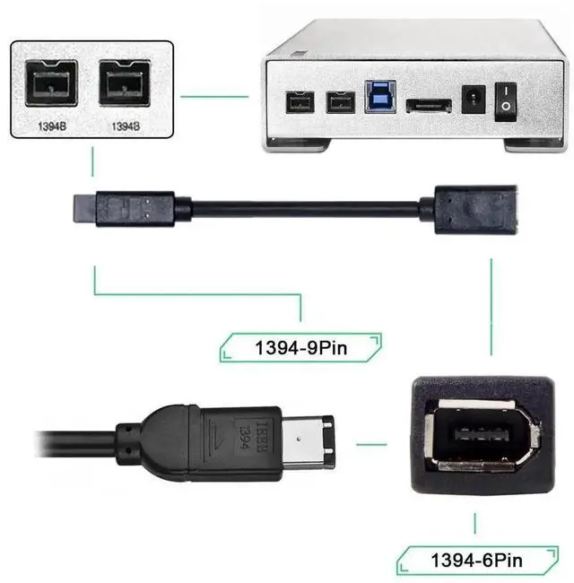 Alt view image 4 of 4 - WRIARICH 20cm IEEE 1394 6Pin Female to 1394B 9Pin Male Firewire Cable, Firewire 400 to 800 Converter Cord for Video Capture Cards