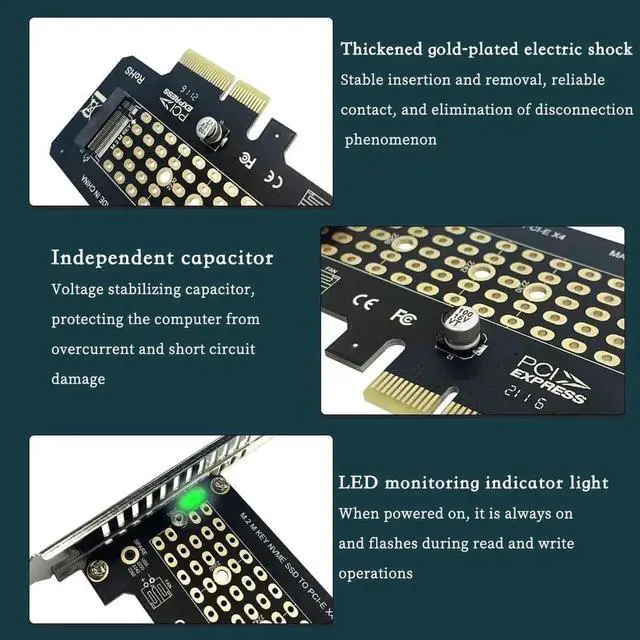 Alt view image 6 of 7 - WRIARICH PH41 PCIe 3.0 X4 to M.2 NVMe M Key Adapter Card, 32Gbps Bandwidth, Supports 2230-2280 NVMe SSD, Compatible with PCIe X4/X8/X16 Slots, Full Height Bracket