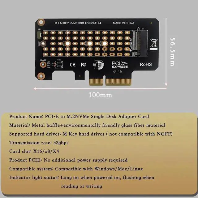 Alt view image 7 of 7 - WRIARICH PH41 PCIe 3.0 X4 to M.2 NVMe M Key Adapter Card, 32Gbps Bandwidth, Supports 2230-2280 NVMe SSD, Compatible with PCIe X4/X8/X16 Slots, Full Height Bracket