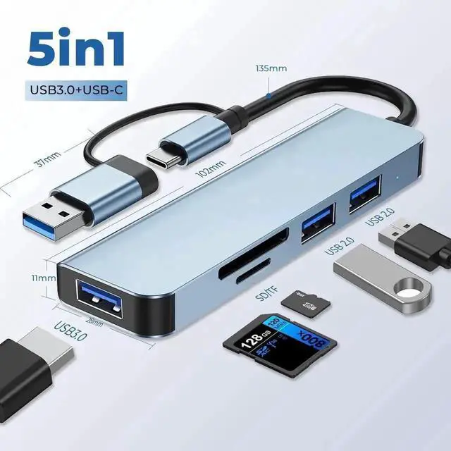 Alt view image 2 of 7 - WRIARICH 5-in-1 USB C Multiport Hub, USB 3.0 Splitter with SD & TF Card Reader, Portable Type-C Port Extender Compatible with MacBook, iPad Pro, Dell, HP Laptops and USB-C Phones