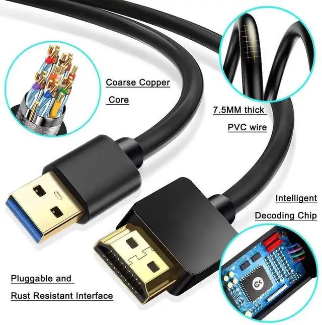 Alt view image 2 of 5 - WRIARICH 6.6FT USB to HDMI Male to Male Adapter Cable, 1080P Audio Video Converter Cord, Only Compatible with Windows XP/7/8/8.1/10