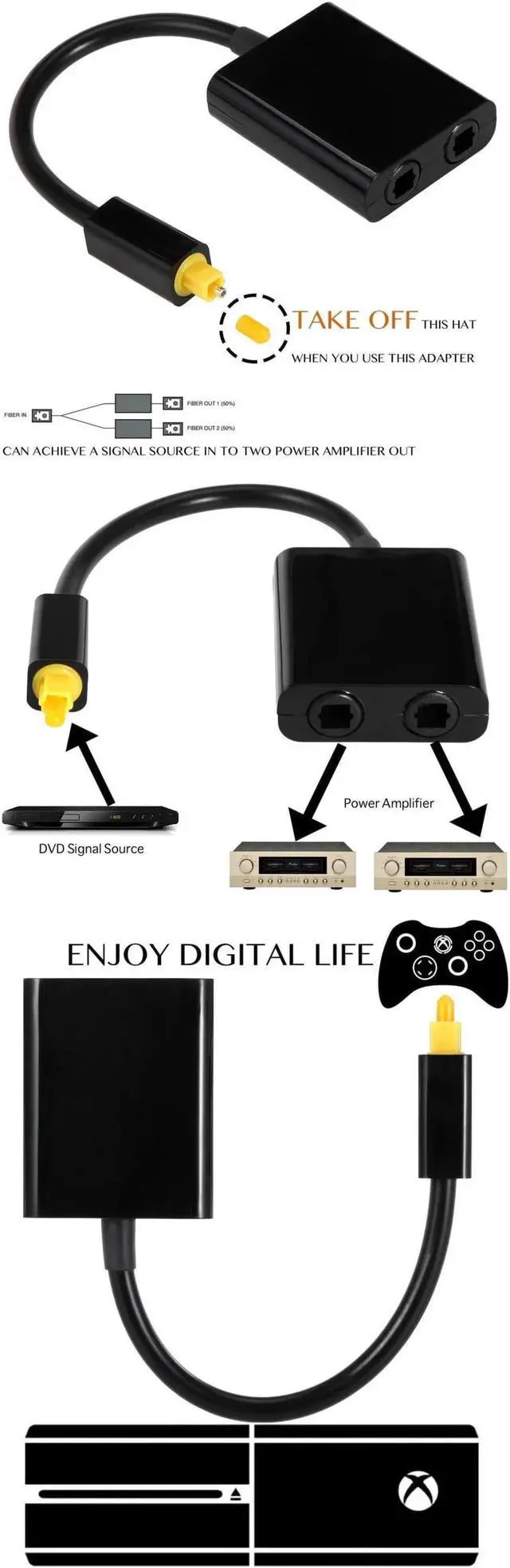 Alt view image 4 of 4 - WRIARICH 1 In 2 Out Toslink Digital Optical Audio Splitter, Fiber SPDIF Optical Audio Splitter Adapter