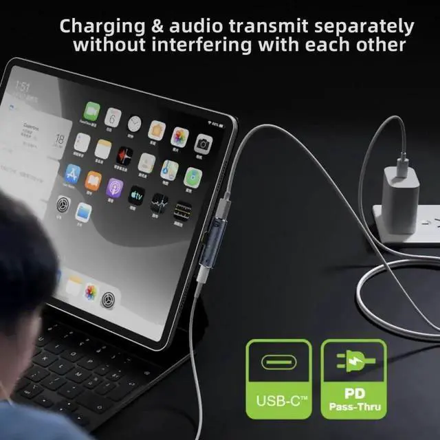 Alt view image 7 of 7 - WRIARICH 2 in 1 USB C to 3.5mm DAC Audio & 100W PD Charging Adapter, 16Bit/48kHz HiFi Type-C Aux Dongle for Phone Tablet Laptop
