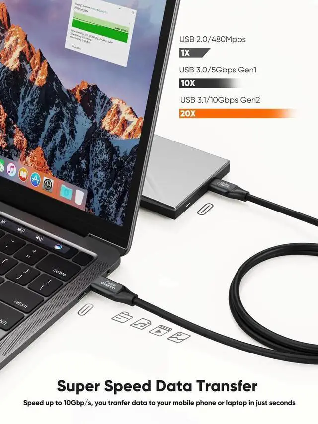 Alt view image 4 of 7 - WRIARICH 3FT 100W USB-C to USB-C Cable, 10Gbps Data & 4K@60Hz Video Cord for Android Auto, External SSD, MacBook, iPad, Galaxy, iPhone 15/16 & Pixel Series
