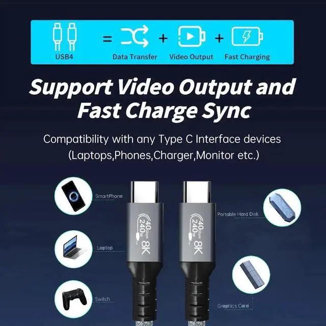 Alt view image 4 of 7 - WRIARICH 240W USB4 Cable 6.6FT, USB C to USB C Cable Fast Charging Compatible Thunderbolt 4/3 Cable, Support 8K/5K@60Hz & 40Gbps Data Transfer for MacBook Pro/Air Samsung S22 eGPU Docking GaN Charger.