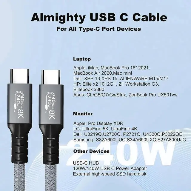 Alt view image 7 of 7 - WRIARICH 240W USB4 Cable 6.6FT, USB C to USB C Cable Fast Charging Compatible Thunderbolt 4/3 Cable, Support 8K/5K@60Hz & 40Gbps Data Transfer for MacBook Pro/Air Samsung S22 eGPU Docking GaN Charger.