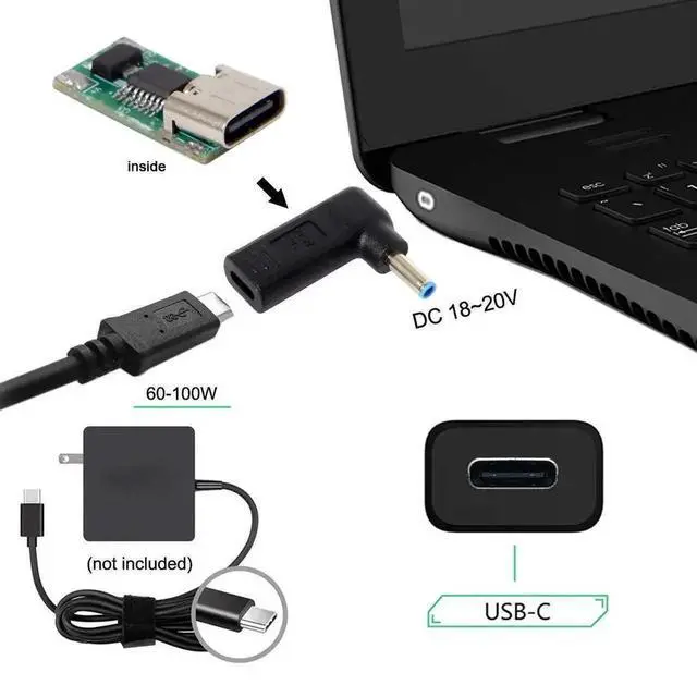 Alt view image 2 of 6 - WRIARICH 90 Degree Angled USB 3.1 Type-C Female to DC 4.5mm x 3.0mm PD Trigger Adapter, 100W USB-C PD to Blue Tip DC Power Converter for HP Laptops