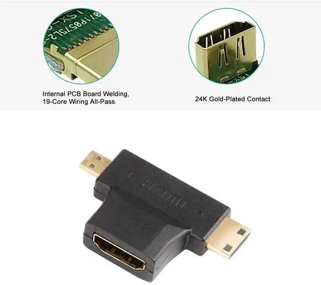 Alt view image 4 of 7 - WRIARICH 2 Pack 2-in-1 Mini & Micro HDMI Male to Standard HDMI Female Adapter, Gold-Plated Universal Converter T Adapter