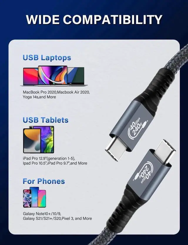 Alt view image 5 of 7 - WRIARICH 1M/3.3FT Upgraded USB4 Type-C Male to Male Cable | Compatible with Thunderbolt 3/4, 240W PD, 40Gbps Data, 8K Video for Laptop & Docking Hub