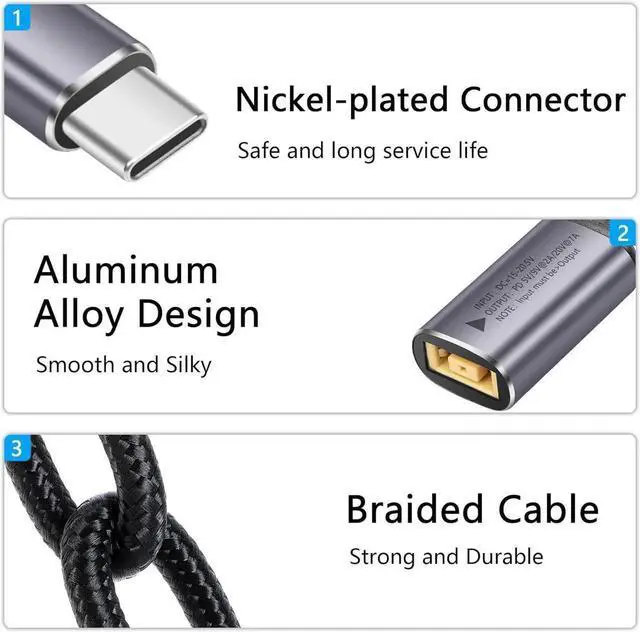 Alt view image 3 of 7 - WRIARICH AJMRTC 140W PD Slim Tip Square Female to USB C Male Charging Cable, Type-C Power Delivery Converter Cord with Auto PD Recognition Chip, for USB-C Laptops, Tablets & Smartphones
