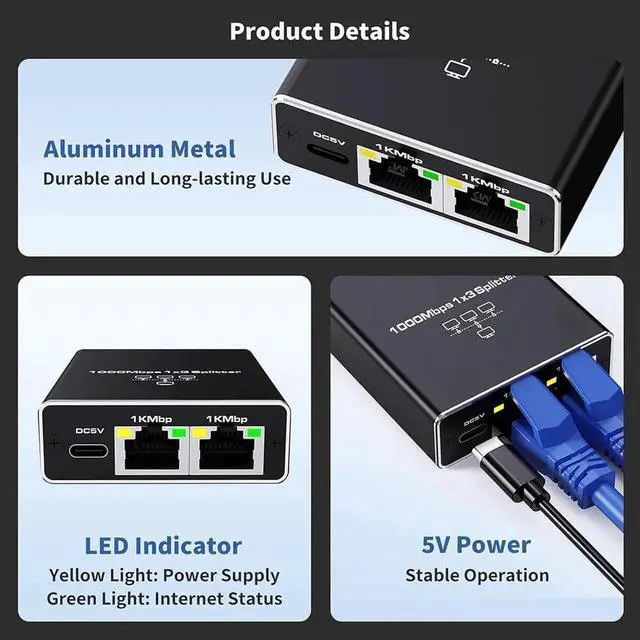 Alt view image 2 of 7 - WRIARICH 1 to 3 Gigabit Ethernet Splitter, Upgraded 1000Mbps RJ45 Network Extender with USB Power Cord, Supports 3 Devices Online at Once, Compatible with Cat5/Cat6/Cat7/Cat8 Cables