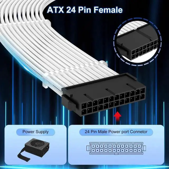 Alt view image 4 of 7 - WRIARICH White Braided 24Pin ATX Extension Cable, 11.8 Inch Male to Female with 3 Cable Combs