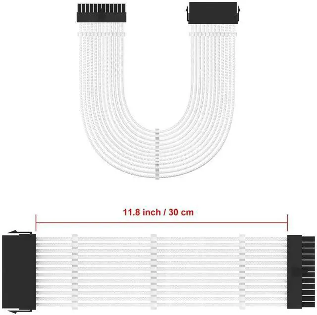 Alt view image 5 of 7 - WRIARICH White Braided 24Pin ATX Extension Cable, 11.8 Inch Male to Female with 3 Cable Combs