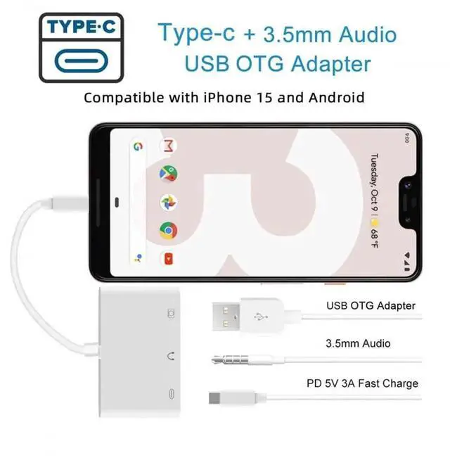 Alt view image 7 of 7 - WRIARICH USB-C to 3.5mm AUX + USB 2.0 OTG Adapter with PD Charging, Multi-Function Converter for Laptops, Tablets & Phones