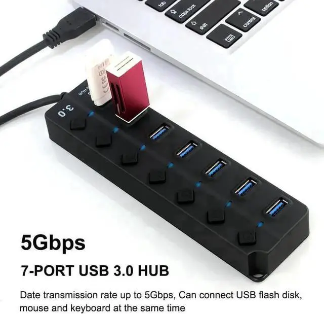 Alt view image 2 of 7 - WRIARICH 7-Port Powered USB 3.0 Hub, 5Gbps Super Speed Multi Port Splitter, Black Powered External USB Dock Compatible with PC, Mac, Laptops, Phones and Tablets