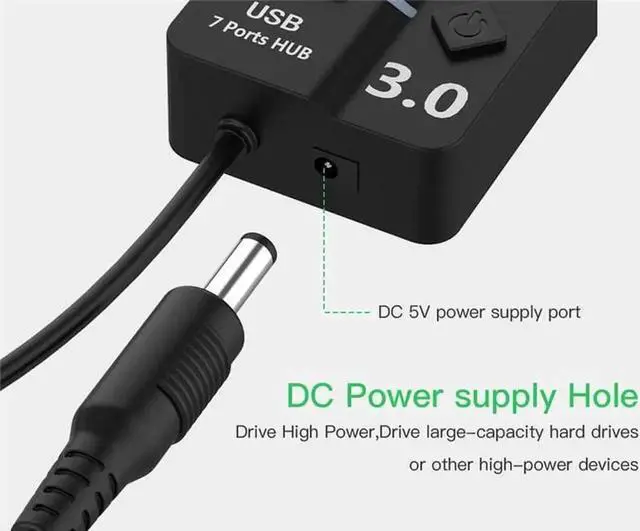 Alt view image 4 of 7 - WRIARICH 7-Port Powered USB 3.0 Hub, 5Gbps Super Speed Multi Port Splitter, Black Powered External USB Dock Compatible with PC, Mac, Laptops, Phones and Tablets