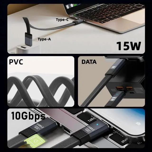 Alt view image 3 of 7 - WRIARICH 100cm Ultra-Thin FPC Flat USB3.1 Gen2 Type-A Male to Type-C Male Cable | 10Gbps Data & 5V3A Power for Laptops, Phones & SSD Drives