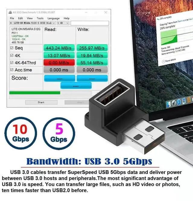 Main image of WRIARICH Down 90 Degree USB 3.0 Male to Female Extension Adapter, 10Gbps High Speed USB Elbow Extender for Power, Data & Video Transmission
