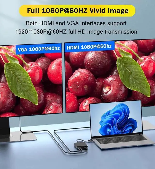 Alt view image 2 of 7 - WRIARICH VGA Input to HDMI + VGA Dual Output Splitter Adapter, 1080P@60Hz 2-in-1 Dual Monitor Video Converter for PC Laptop to HDTV Monitor Projector, Plug & Play