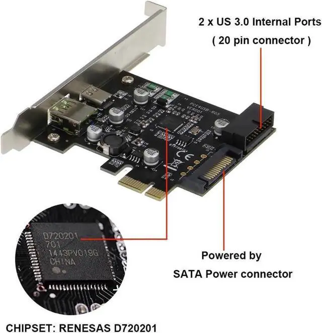 Alt view image 4 of 4 - WRIARICH PCIe x1 Expansion Card with USB 3.0 Type-C + 19Pin Internal USB 3.0 Header, SATA 15Pin Powered, 2.4A Fast Charging