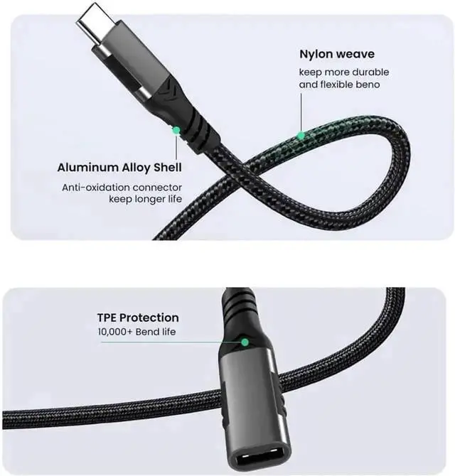 Alt view image 7 of 7 - WRIARICH 3.3FT/1M Braided USB-C Male to Female Extension Cable|USB3.1 Gen2 10Gbps Data, PD 100W/5A Fast Charge & 4K Video Output for Laptops & Smartphones