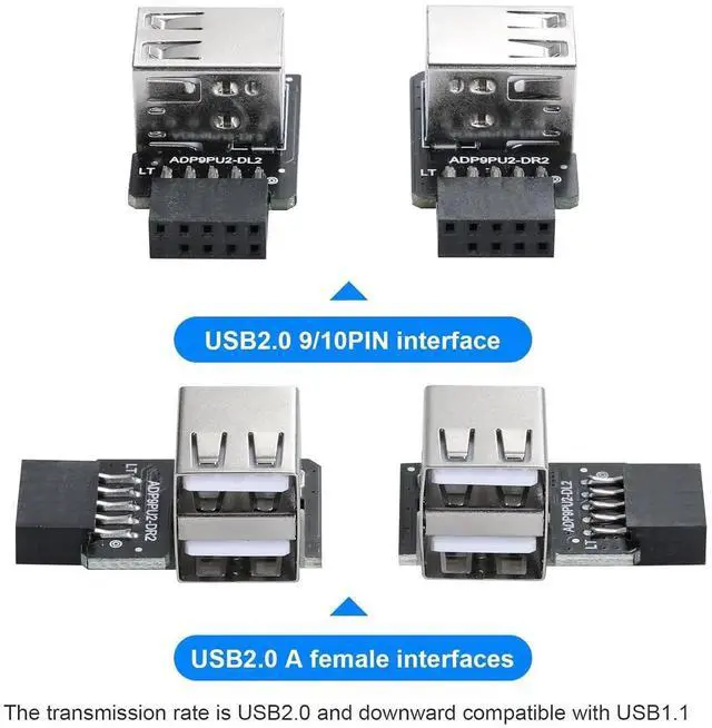 Alt view image 3 of 7 - WRIARICH Dual Layer 9Pin USB 2.0 Header 1 to 2 Port Splitter Adapter, Left & Right Design for PC Motherboard