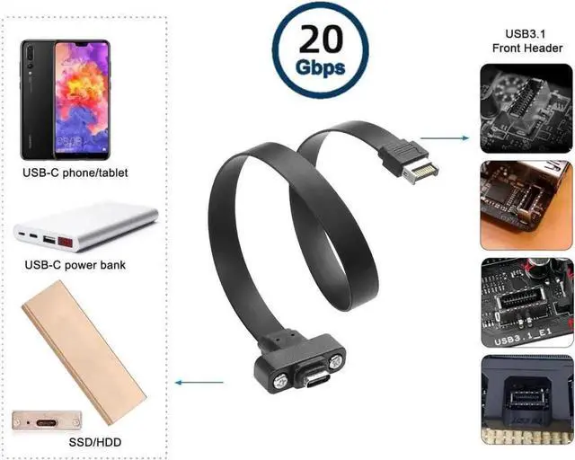 Alt view image 7 of 7 - WRIARICH 1.64FT Flat USB3.2 Gen2x2 20Gbps Type-E A Key 20Pin Header to USB-C Female PCIe Full-Profile Bracket Extension Cable