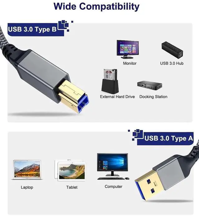 Alt view image 5 of 7 - WRIARICH 2-Pack White Nylon Braided USB 3.0 Type A to Type B Male Cable 6FT, SuperSpeed 5Gbps Cord for External HDD, Scanner, Printer & Audio Interface