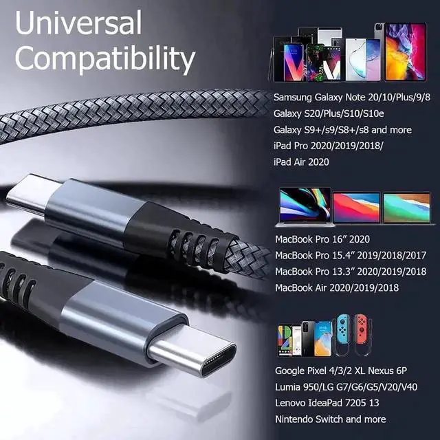 Alt view image 2 of 7 - WRIARICH 3-Pack 3.3FT USB-C to USB-C PD 60W Fast Charging Cable for MacBook, iPad, Galaxy, Switch & All Type-C Devices