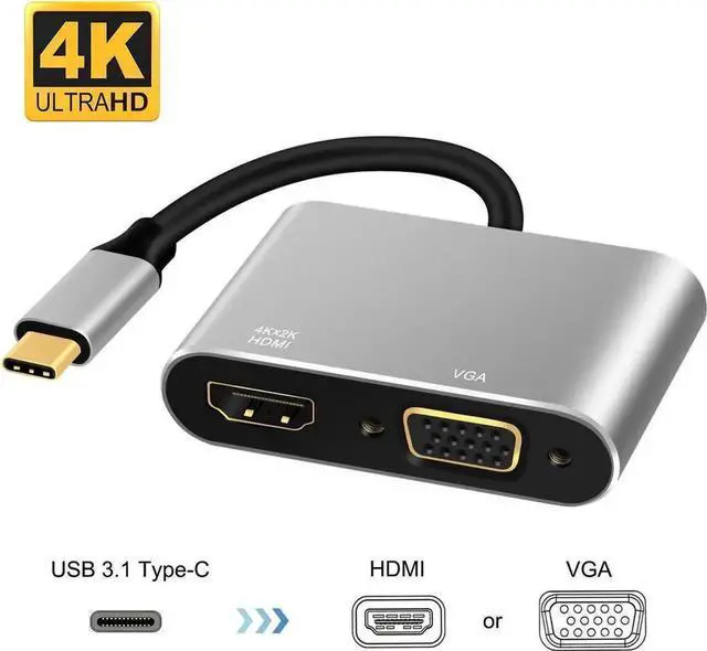 Main image of WRIARICH USB 3.1 Type C to HDMI + VGA Dual Output Adapter, 4K UHD Type-C to HDMI VGA 2-in-1 Video Converter