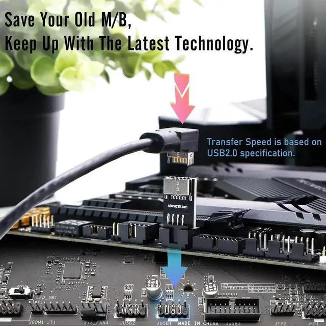 Alt view image 2 of 7 - WRIARICH 9-Pin USB2.0 Internal Header to 20-Pin USB3.1/3.2 Type-C A-Key 180° Adapter, Convert USB Type-E Header to PC Front Panel USB-C Port Converter