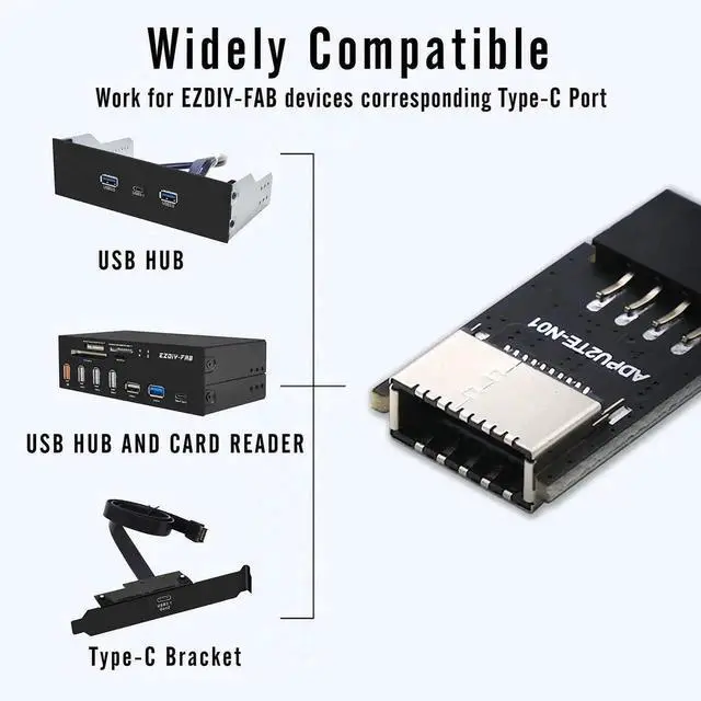 Alt view image 3 of 7 - WRIARICH 9-Pin USB2.0 Internal Header to 20-Pin USB3.1/3.2 Type-C A-Key 180° Adapter, Convert USB Type-E Header to PC Front Panel USB-C Port Converter