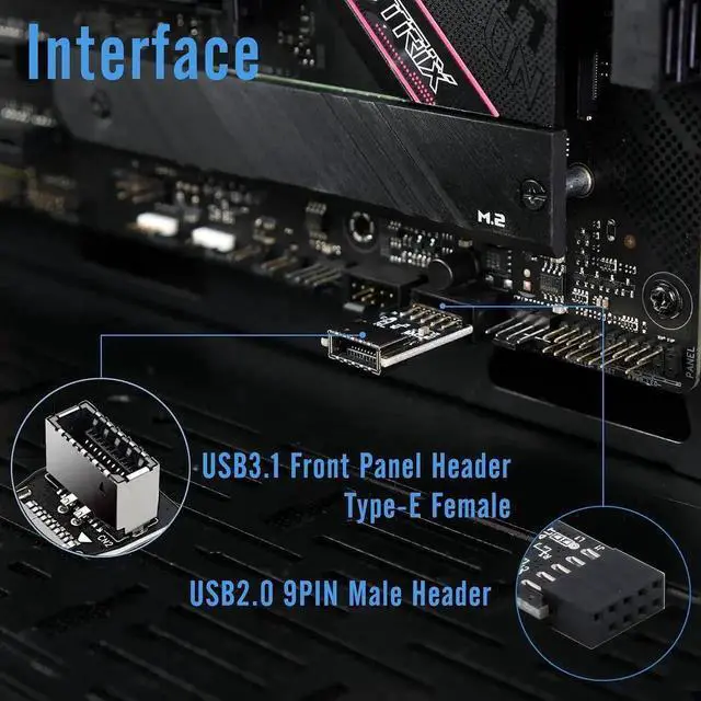 Alt view image 5 of 7 - WRIARICH 9-Pin USB2.0 Internal Header to 20-Pin USB3.1/3.2 Type-C A-Key 180° Adapter, Convert USB Type-E Header to PC Front Panel USB-C Port Converter
