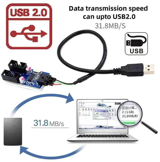 Alt view image 7 of 7 - WRIARICH 1 to 2 Port Internal USB 2.0 9Pin Header Splitter Hub, USB A Male to Dual Female Motherboard Header Port Multiplier Adapter