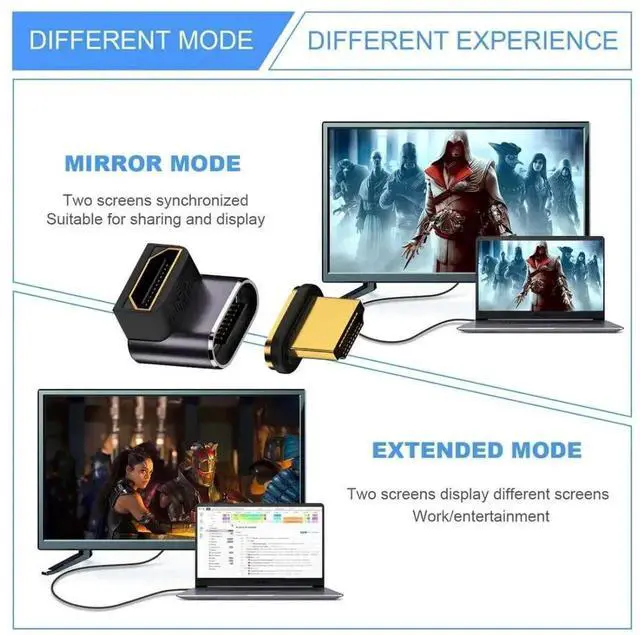 Alt view image 5 of 7 - WRIARICH 90° Up Angled Magnetic HDMI 2.1 Adapter, Male to Female Gold-Plated Extender, 48Gbps 8K@60Hz 4K@120Hz